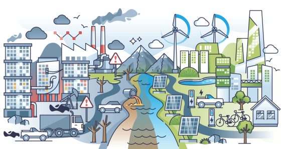 An image visually contrasting carbon-intensive industry with climate-resilient development. A central river flowing from distant mountains divides the scene into two distinct halves. The left side depicts a polluted, grey environment featuring factory smokestacks emitting dark clouds of smog, an active oil beam pump, heavy motor vehicle traffic, bare dead trees, red warning signs, and an outflow pipe discharging brown toxic waste into the left half of the river. In sharp contrast, the right side displays a clean, sustainable environment rendered in vibrant greens and blues. This side features tall wind turbines, ground-mounted solar panels, modern green buildings integrated with nature, electric vehicle charging stations, bicycles, and lush leafy trees. The right half of the river runs a clear blue, contrasting directly with the polluted water on the left, while the sky transitions from dark and smoggy on the industrial side to bright with crisp white clouds on the sustainable side. Source: Adobe Stock 714565142.