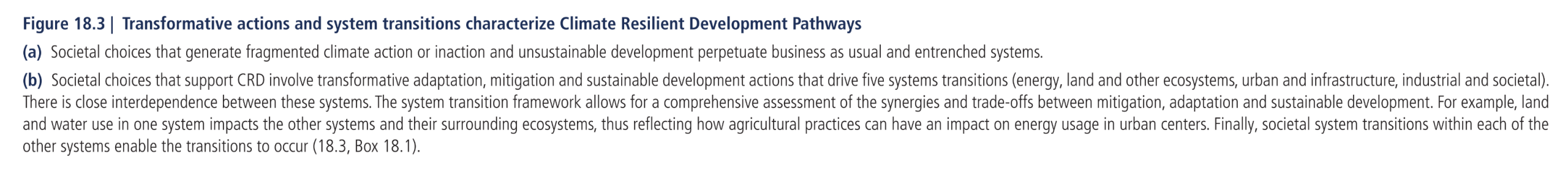 Figure 18.3  Transformative actions and system transitions characterize Climate Resilient Development Pathways (a) Societal choices that generate fragmented climate action or inaction and unsustainable development perpetuate business as usual and entrenched systems. (b) Societal choices that support CRD involve transformative adaptation, mitigation and sustainable development actions that drive five systems transitions (energy, land and other ecosystems, urban and infrastructure, industrial and societal). There is close interdependence between these systems. The system transition framework allows for a comprehensive assessment of the synergies and trade-offs between mitigation, adaptation and sustainable development. For example, land and water use in one system impacts the other systems and their surrounding ecosystems, thus reflecting how agricultural practices can have an impact on energy usage in urban centers. Finally, societal system transitions within each of the other systems enable the transitions to occur.