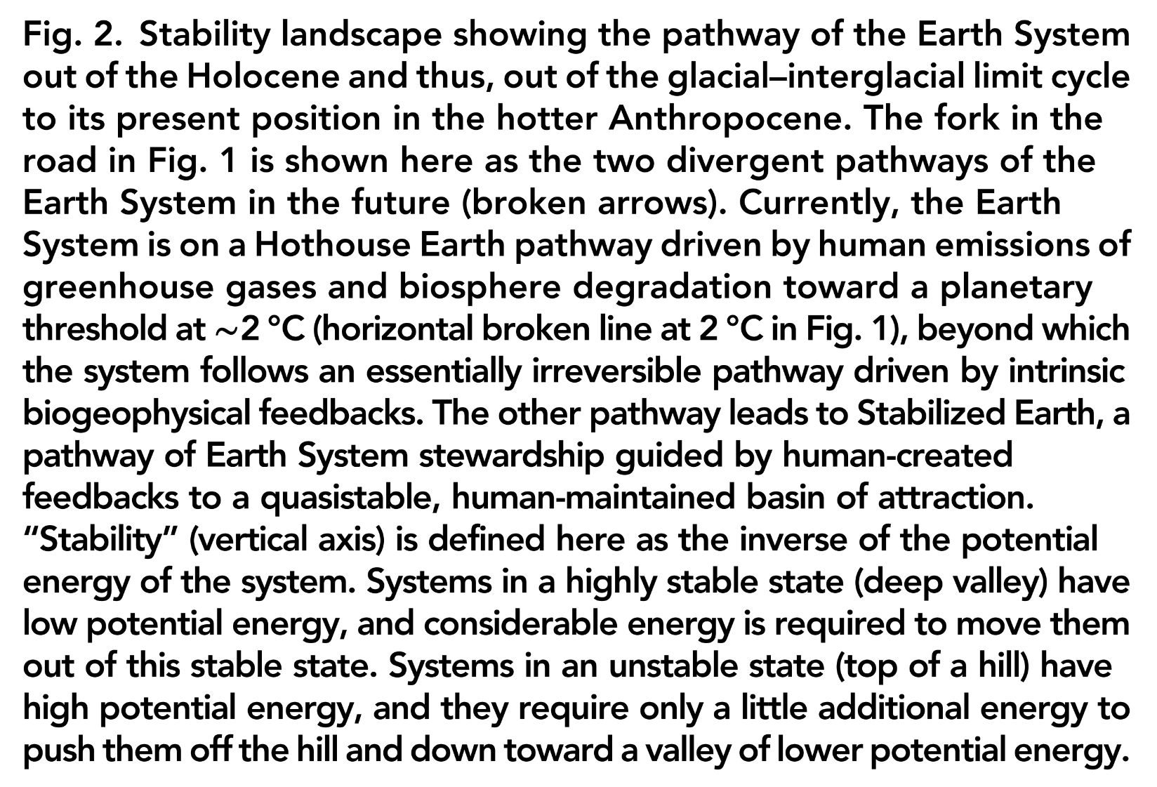 Fig. 2: Stability landscape showing the pathway of the Earth System out of the Holocene and thus, out of the glacial–interglacial limit cycle to its present position in the hotter Anthropocene. The fork in the road in Fig. 1 is shown here as the two divergent pathways of the Earth System in the future (broken arrows). Currently, the Earth System is on a Hothouse Earth pathway driven by human emissions of greenhouse gases and biosphere degradation toward a planetary threshold at approximately 2 degrees Celsius (horizontal broken line at 2 degrees Celsius in Fig. 1), beyond which the system follows an essentially irreversible pathway driven by intrinsic biogeophysical feedbacks. The other pathway leads to Stabilised Earth, a pathway of Earth System stewardship guided by human-created feedbacks to a quasistable, human-maintained basin of attraction. Stability (vertical axis) is defined here as the inverse of the potential energy of the system. Systems in a highly stable state (deep valley) have low potential energy, and considerable energy is required to move them out of this stable state. Systems in an unstable state (top of a hill) have high potential energy, and they require only a little additional energy to push them off the hill and down toward a valley of lower potential energy.