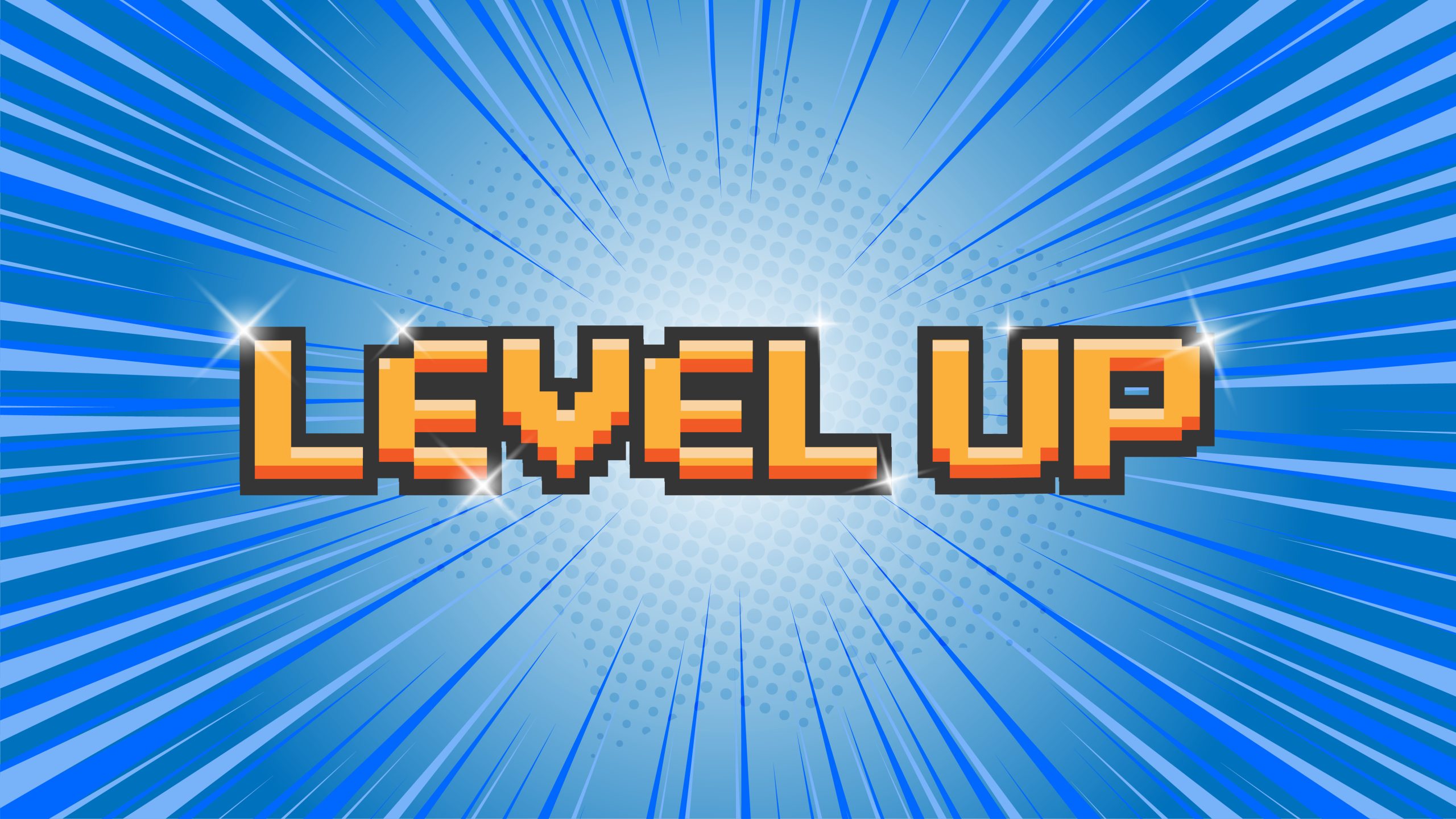 A vibrant graphic illustration featuring the words 'LEVEL UP' in a retro, 8-bit pixelated font with an orange and yellow gradient and a thick black outline. The text is accented with glowing white sparkles and is set against a dynamic, comic-book style background featuring light and dark blue speed lines radiating from the center over a subtle halftone dot pattern.