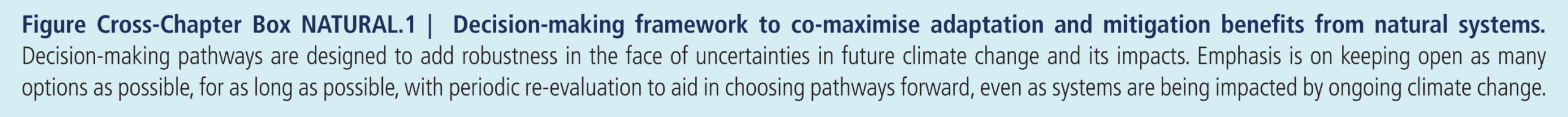 Figure Cross-Chapter Box NATURAL.1  Decision-making pathways are designed to add robustness in the face of uncertainties in future climate change and its impacts. Emphasis is on keeping open as many options as possible, for as long as possible, with periodic re-evaluation to aid in choosing pathways forward, even as systems are being impacted by ongoing climate change.